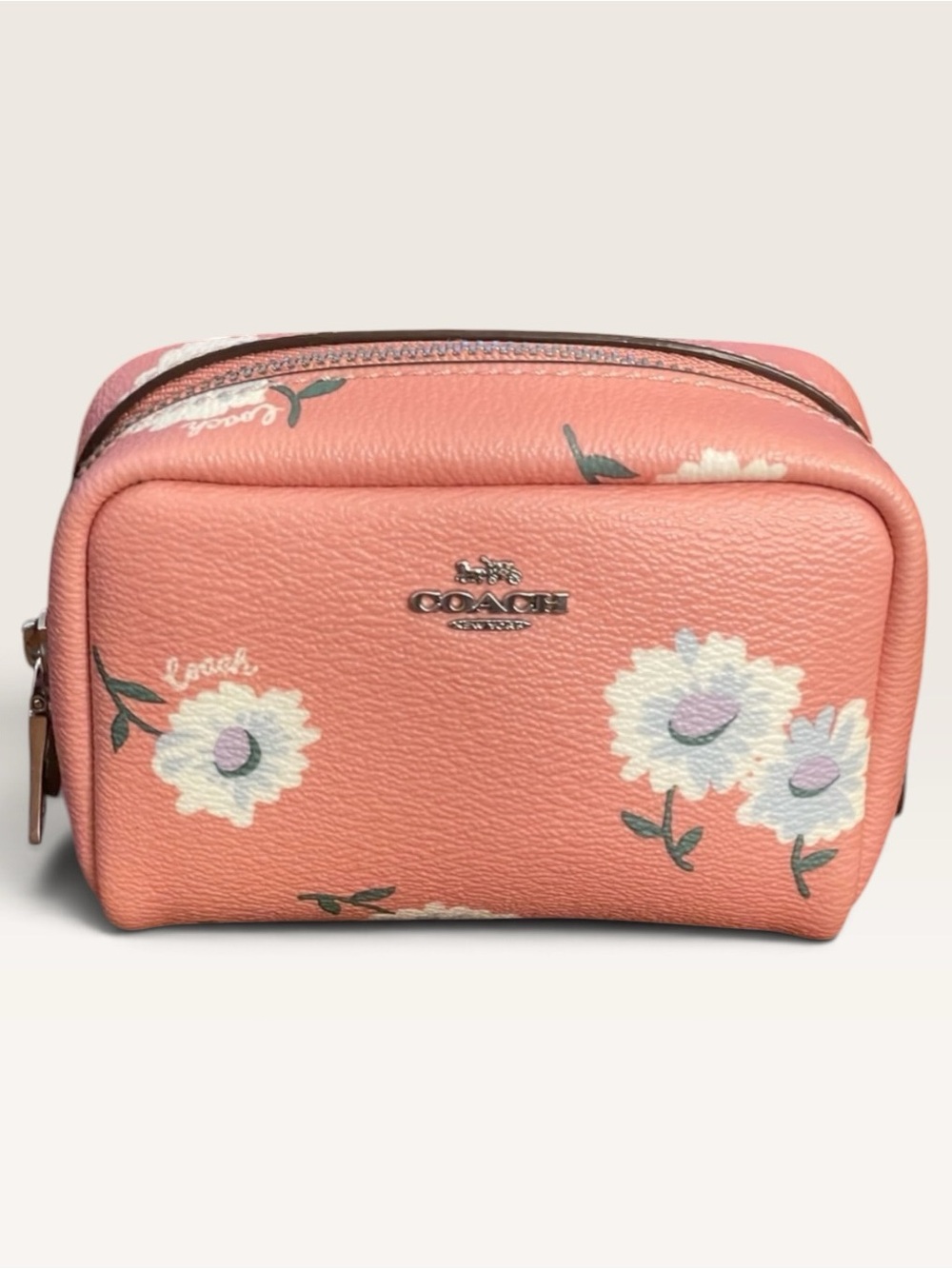 Coach EUC Mini Boxy Pink Floral Leather Cosmetic Pouch with Silver Logo